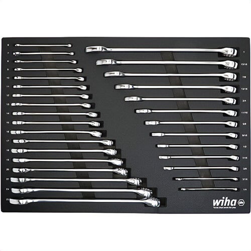 Wiha® 30492 Combination Wrench Tray Set, SAE and Metric, 31 pc, 12 Point Box End Design, 15° Open End, 15° Box End